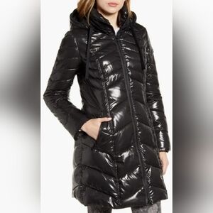 Sam Edelman Hooded Puffer Coat Parka Jacket Glossy Shiny Black Hood Size Small